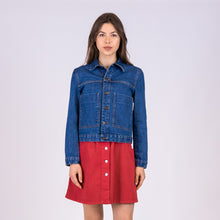 Upload the image to the Gallery viewer, giacca denim donna colombina con vestito erdenite di alzavola moda sostenibile