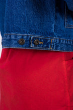 Upload the image to the Gallery viewer, giacca denim donna colombina con vestito erdenite di alzavola moda sostenibile, dettaglio