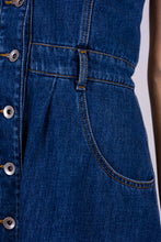 Upload the image to the Gallery viewer, vestito denim estivo erdenite di alzavola moda sostenibile, dettaglio vita