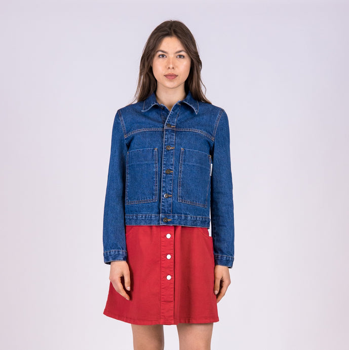 giacca denim donna colombina con vestito erdenite di alzavola moda sostenibile