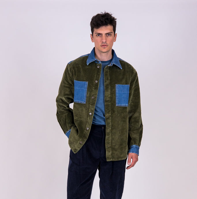 camicia lunardo unisex in denim e velluto verde militare di alzavola made in italy